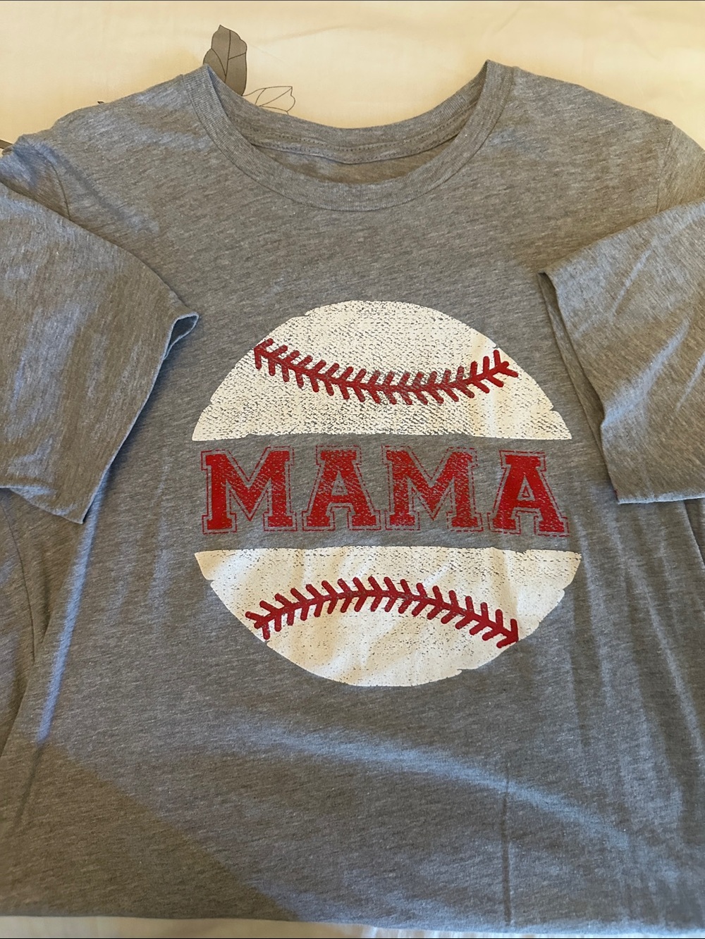 Gildan Gray Tee with White Baseball Graphic and Red MAMA Lettering
